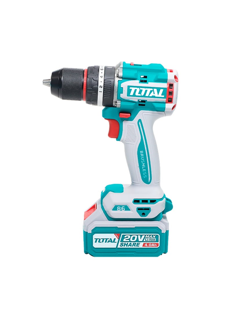 TOTAL 20V Brushless Cordless Impact Drill, 86Nm Max Torque, 2-Speed, 13mm Metal Chuck, with 2x4.0Ah Batteries, Charger, Drill Bits Set, Carrying Case - Image 4